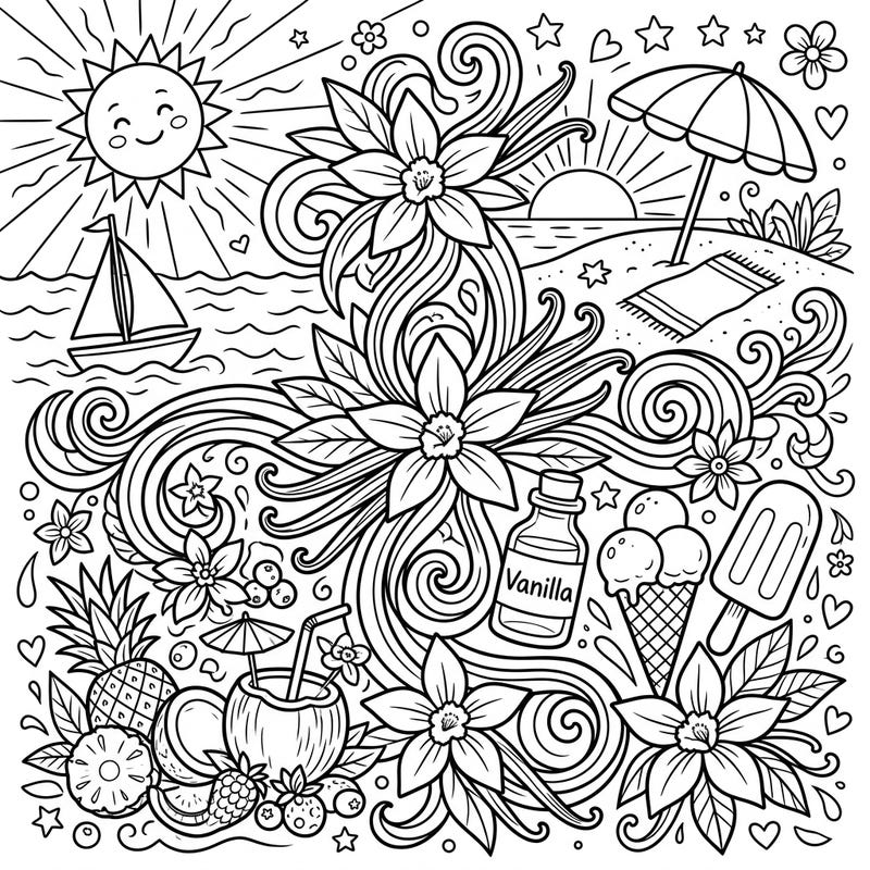 Immerse yourself in a sweet summer fantasy with this unique coloring page, blending the warm aroma of vanilla with vibrant beach vacation vibes. Discover delightful scenes filled with tropical treats and fragrant blossoms, ready for your creative touch.