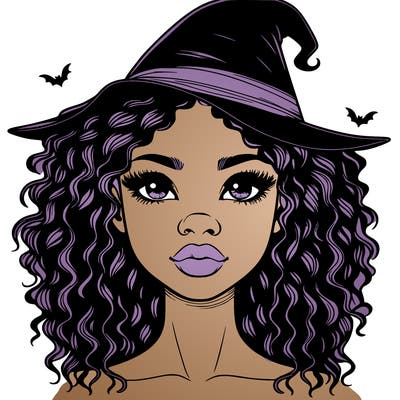 realistic black girl with wavy hair and witch hat and nose and lips