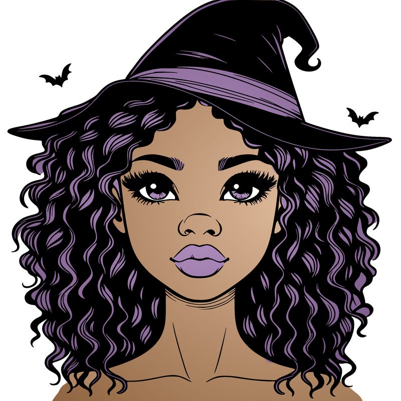 realistic black girl with wavy hair and witch hat and nose and lips