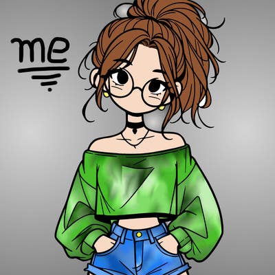 girl with a messy ponytail glasses a baggy crop top and jean shorts