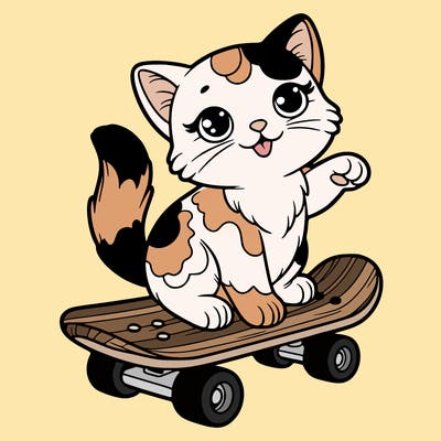 calico cat on a skateboard