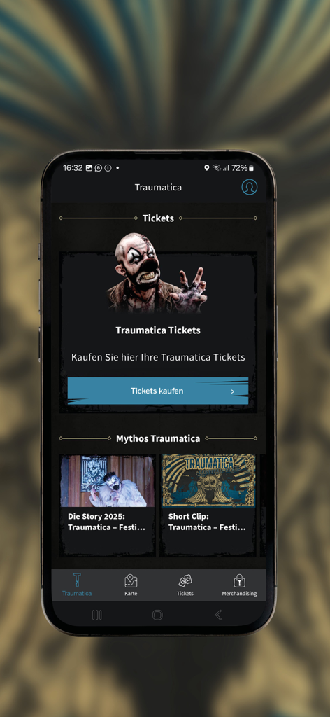 Uma captura de tela móvel do aplicativo Traumatica mostrando a seção de reserva de ingressos e histórias de eventos de terror.