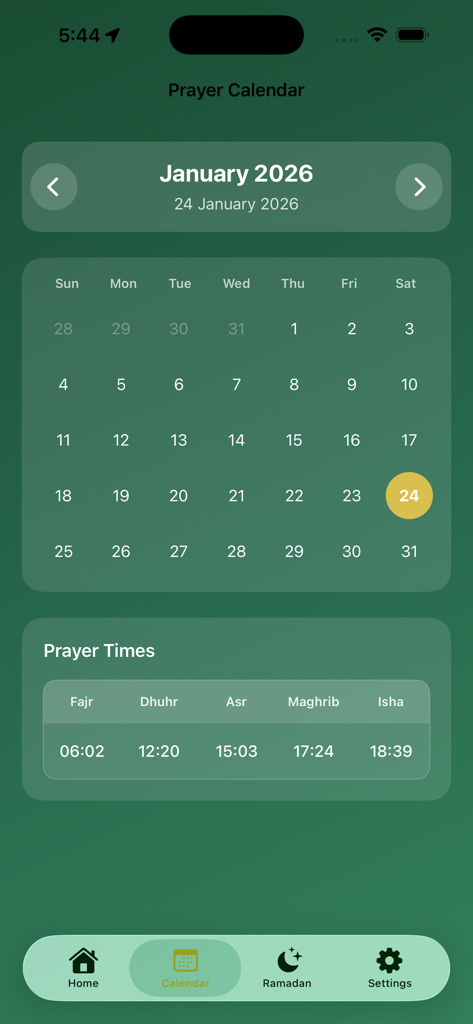 Ramadan 2026 Calendar - Interfaz de aplicación móvil que muestra un calendario de oración mensual para enero de 2026 con horarios de oración diarios para Fajr, Dhuhr, Asr, Maghrib e Isha.