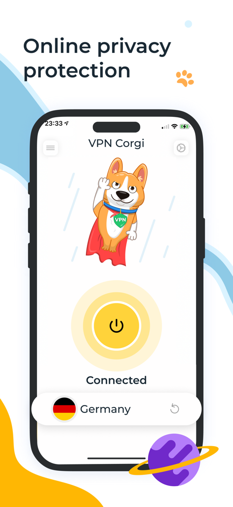 VPN Corgi - Best Proxy Master - VPN Corgi app interface with a cute superhero dog mascot and connected status indicator