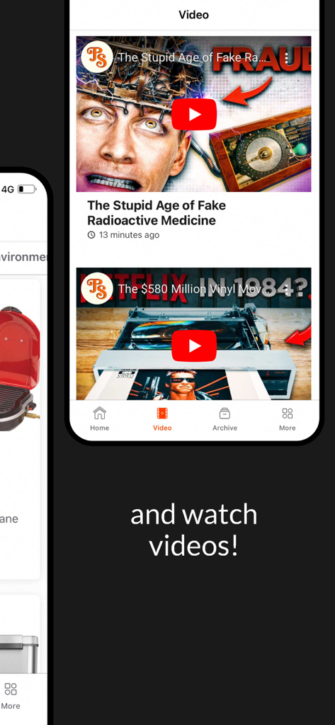 Popular Science 모바일 앱 인터페이스가 과학 및 기술 비디오 피드를 보여줍니다.