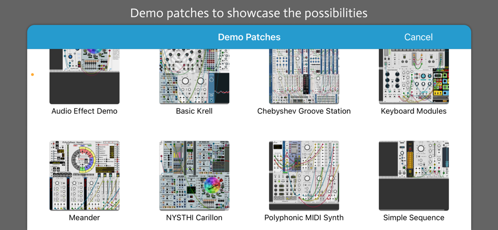 A menu in the miRack app showing various modular synthesizer demo patches including Polyphonic MIDI Synth and Basic Krell.
