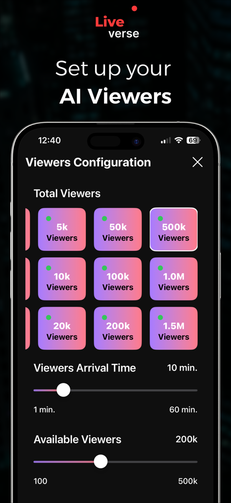 Liverse - AI Fake Live Stream - Settings screen in Liverse app to choose simulated viewer count and arrival timing.