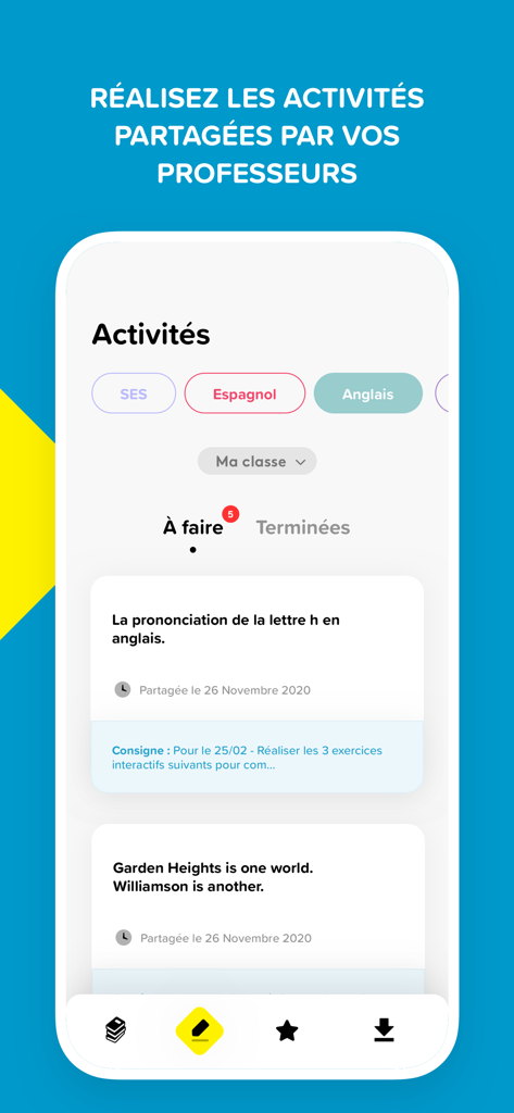 Belin Éducation – Manuel max - Belin Education Manuel max app interface showing student homework and activities shared by teachers