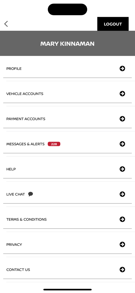 User settings and profile menu screen in the NMAC Account Manager app showing account management and help options.