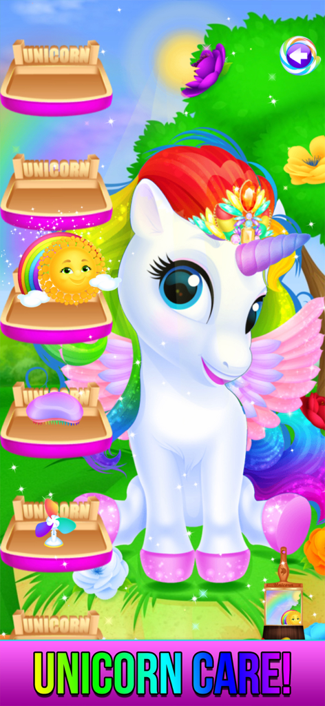 Rainbow Unicorn Candy Salon - Ein süßes weißes Einhorn mit Regenbogenhaar und rosa Flügeln in einem Pflege- und Pflegelvl des Spiels