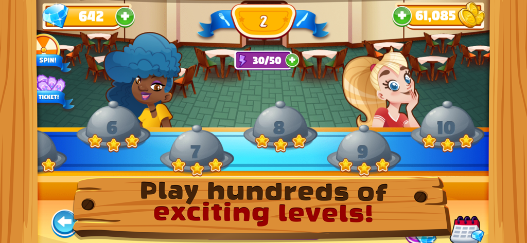 Pizza Shop 2: Cooking Games - Écran de sélection de niveau dans Pizza Shop 2 montrant plusieurs étapes avec des notes d'étoiles et des personnages