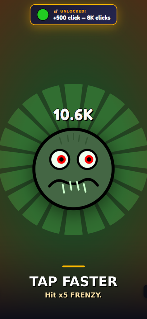 Juego de Fun Clicker Brainrot mostrando una cara verde aterradora con ojos rojos y una puntuación de 10.6K clics