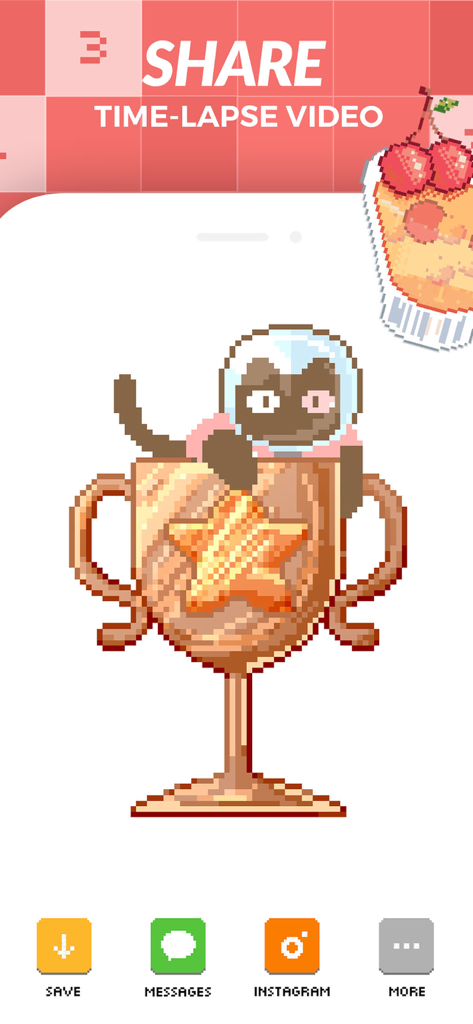 Color By Number! Pixel Art - Interface of the Color By Number app showing options to share a time-lapse video of a completed pixel art trophy on social media.