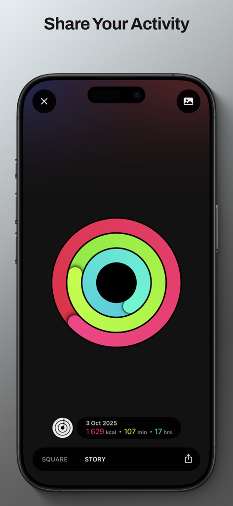 Interface de partage social de l'application de fitness montrant des anneaux d'activité colorés et des statistiques quotidiennes.