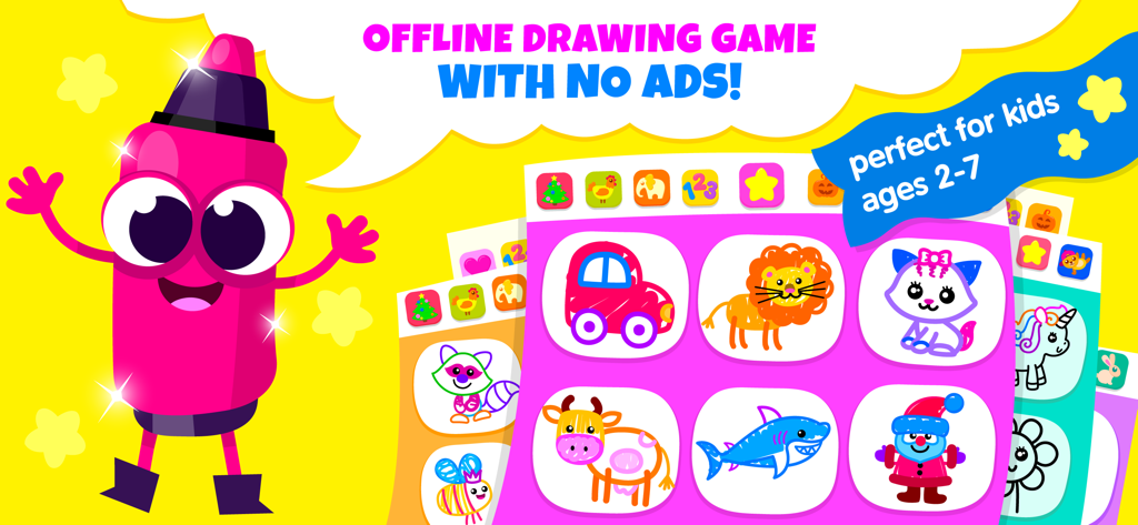 Kids Drawing Games & Coloring - Promo screen for kids drawing game featuring a pink marker character and colorful animal drawings for ages 2 to 7
