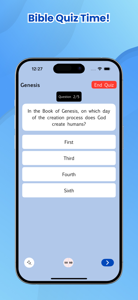 A Bible quiz interface within the Nepali Holy Bible app showing a multiple choice question about Genesis
