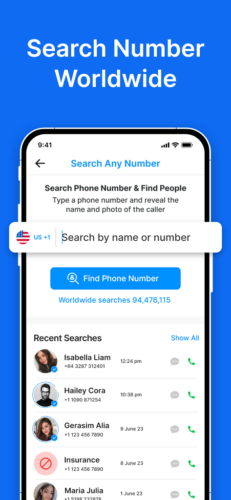 Show Caller Name & Block Spam - Smartphone screen displaying the reverse phone number search feature for identifying callers and spam