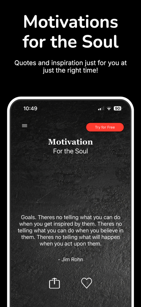 Quote of the Day: Daily Wisdom - 「今日の名言」のモバイルアプリのスクリーンショット。ジム・ローンの目標に関する感動的な引用が、魂のモチベーションというタイトルとともに黒いテクスチャの背景に表示されています。