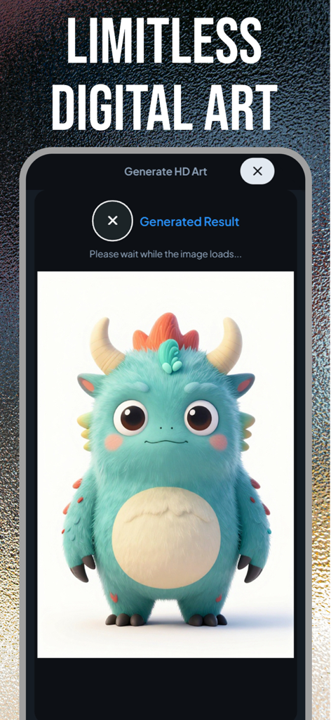 AI Image Generator Anime Maker - AI Image Generator app displaying a cute blue furry monster character under the title Limitless Digital Art