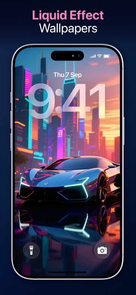 Spatial Wallpapers 3D - iPhone lock screen displaying a futuristic neon car wallpaper with liquid effect text