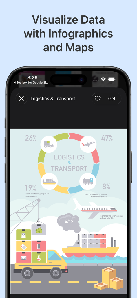 Una plantilla de infografía de logística y transporte en la aplicación Toolbox para Google Docs.