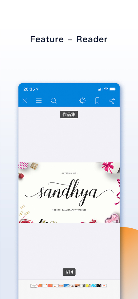 FileMate app reader interface displaying a calligraphy typeface document on an iPhone screen.