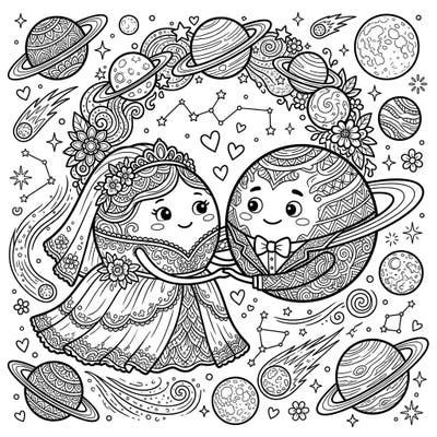 Embark on an intergalactic journey of love with this unique adult coloring page. Featuring two charming planets celebrating their wedding, surrounded by a universe of intricate details, it's perfect for a relaxing escape.