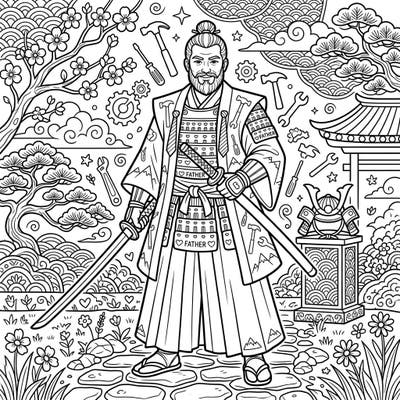 Celebrate the strength and love of fathers with this unique Ronin warrior coloring page, blending ancient samurai honor with heartwarming Father's Day symbols. Discover intricate details and iconic Japanese imagery, perfect for a thoughtful and engaging creative tribute to Dad.