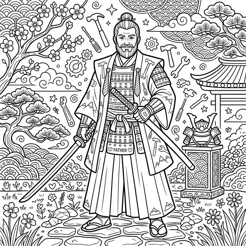 Celebrate the strength and love of fathers with this unique Ronin warrior coloring page, blending ancient samurai honor with heartwarming Father's Day symbols. Discover intricate details and iconic Japanese imagery, perfect for a thoughtful and engaging creative tribute to Dad.