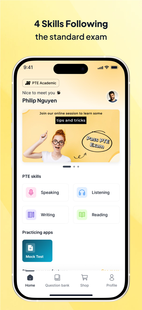 Tela inicial do aplicativo PTE Magic mostrando módulos de prática para habilidades de fala, audição, escrita e leitura