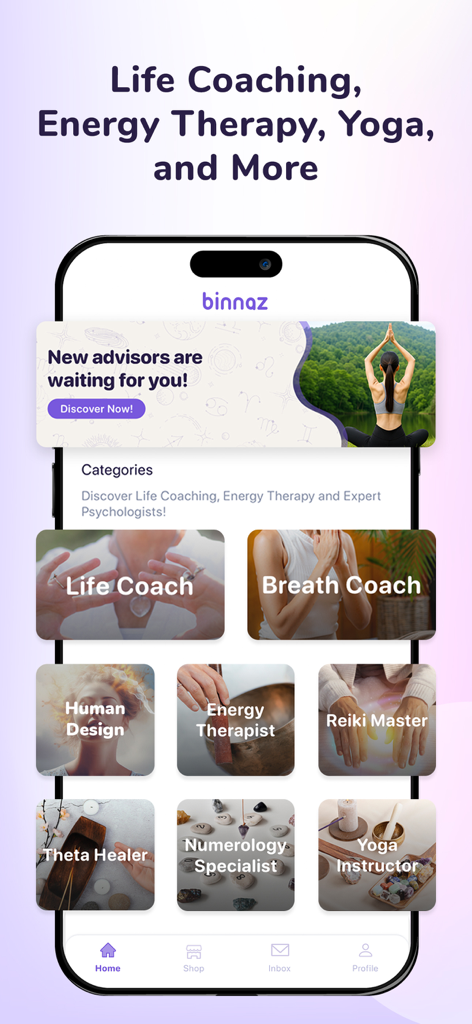 Binnaz app interface showing various wellness and spiritual coaching categories like life coach energy therapy and yoga