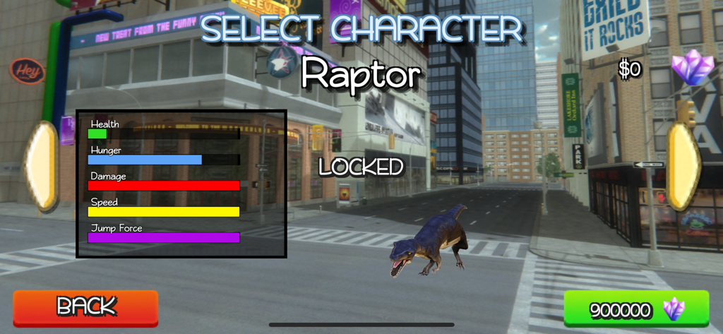 Menú de selección de personaje que muestra estadísticas de dinosaurio Raptor y costo de desbloqueo en el mundo de la ciudad
