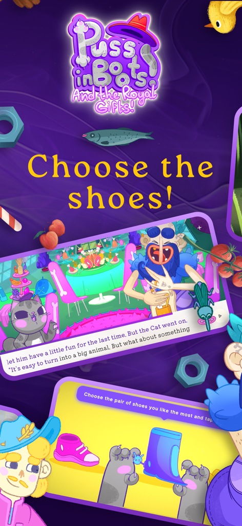 A scene from the Boook app where kids make choices in the Puss in Boots fairy tale