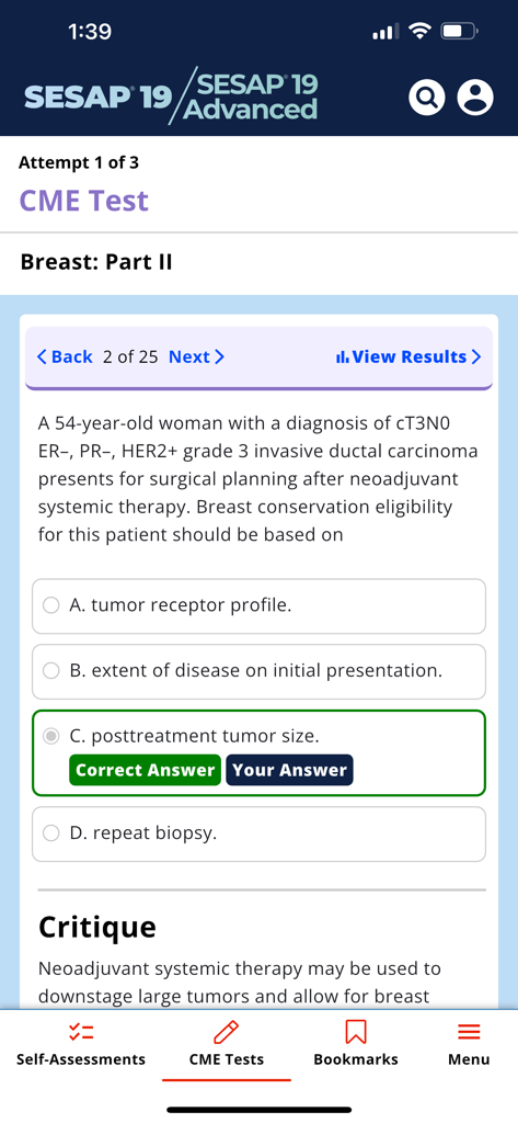 ACS SESAP 19 - A clinical case-based multiple-choice question in the ACS SESAP 19 app's CME test module showing a correct answer selection and medical critique.