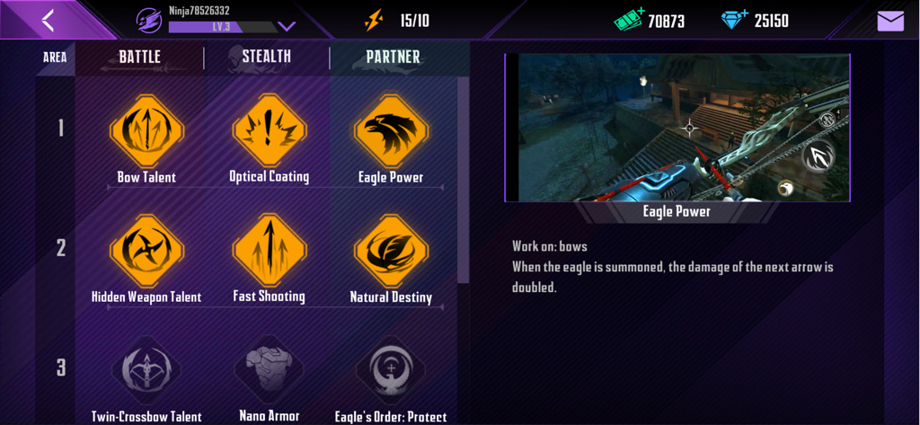 In game menu of Ninjas Creed 2 Shadows displaying various battle talents and bow upgrades