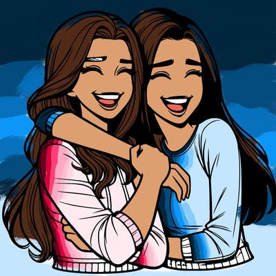 two realistic teenage girls side hugging and laughing