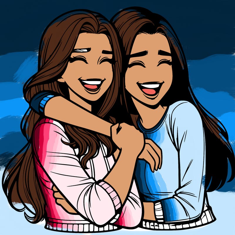 two realistic teenage girls side hugging and laughing