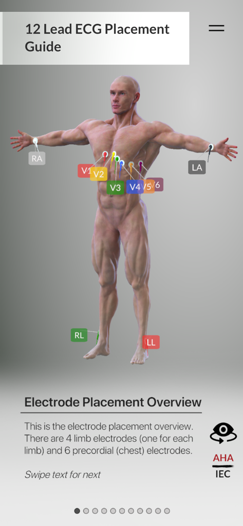 3D anatomical model showing standard 12 lead ECG electrode placement positions on the chest and limbs.