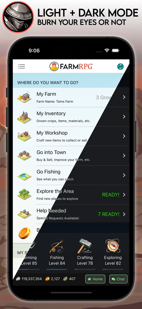 Farm RPG: Semi-Idle MMORPG - L'interfaccia dell'app mobile Farm RPG mostrata in una vista divisa delle modalità chiara e scura