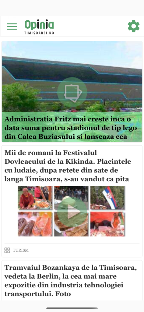 Opinia Timisoarei - Screenshot dell'app mobile Opinia Timișoarei che mostra articoli di notizie locali e titoli dall'Europa occidentale