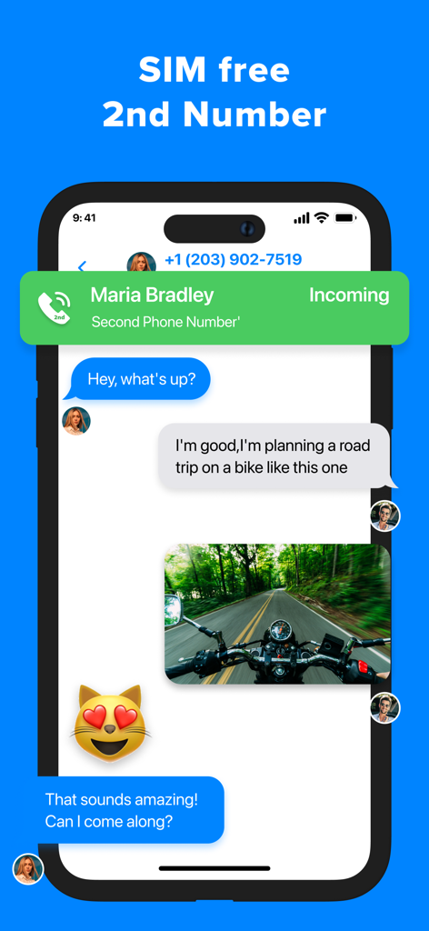 Écran de smartphone affichant une conversation textuelle et une notification d'appel entrant de l'application Deuxième Numéro de Téléphone.