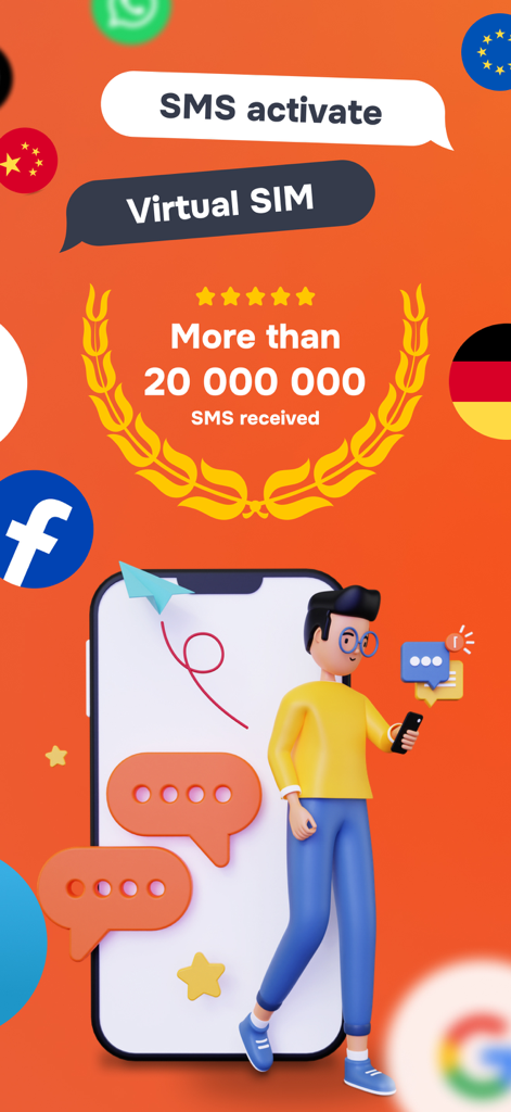 Virtual SIM: SMS activate - Um personagem 3D usando um smartphone para ativação virtual de SMS com ícones de mídias sociais e serviços globais