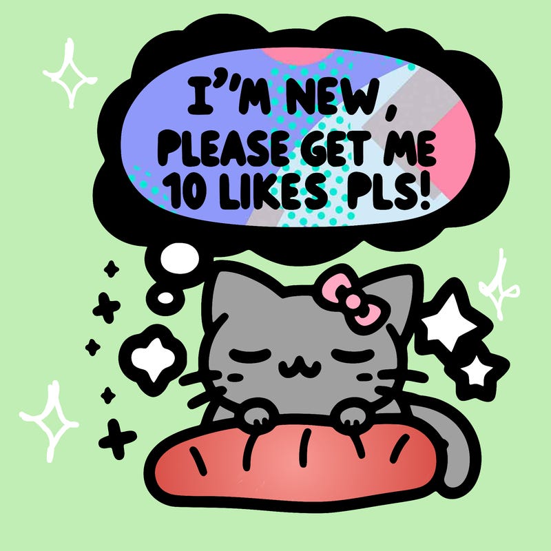 kitty taking a nap dream talking and saying "i'm new, please get me at least 10 likes pls!!"