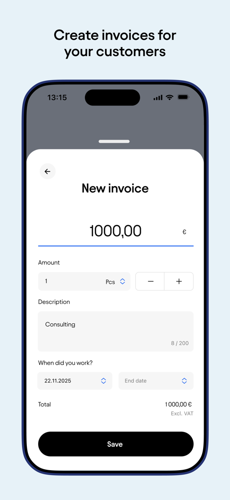 Truster Invoicing service - Mobile app screen showing the creation of a new invoice for consulting services