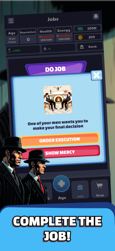 Mafia Life gameplay screen showing a moral choice between ordering execution or showing mercy