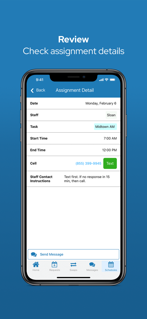 Assignment details view in the QGenda mobile app showing shift schedule and staff contact info.