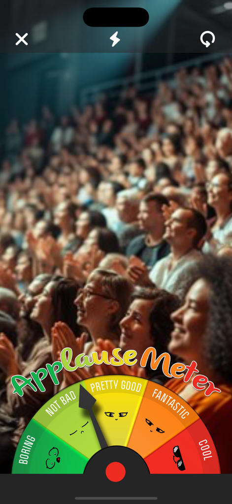 Applausemeter (clap-o-meter) - ApplauseMeter app interface showing an audience clapping at an event with a colorful gauge overlay measuring sound levels.