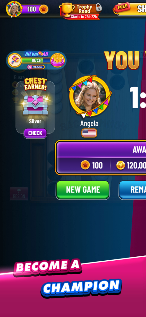 Backgammon Plus - Board Games - Schermata di vittoria in Backgammon Plus che mostra ricompense per il giocatore e un forziere d'argento guadagnato dopo una partita.