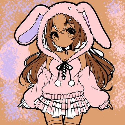 pretty anime girl wearing a fluffy hoodie with bunny ears on the hood and a skirt
