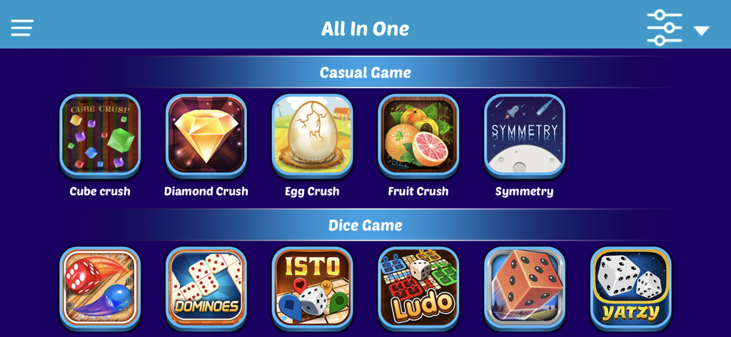 캐주얼 및 주사위 게임 컬렉션을 보여주는 메뉴